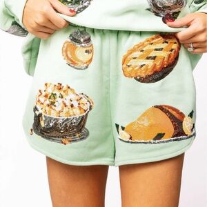 QUEEN OF SPARKLES Mint Green Sequin Food-Appliqué High-Waist Shorts Turkey